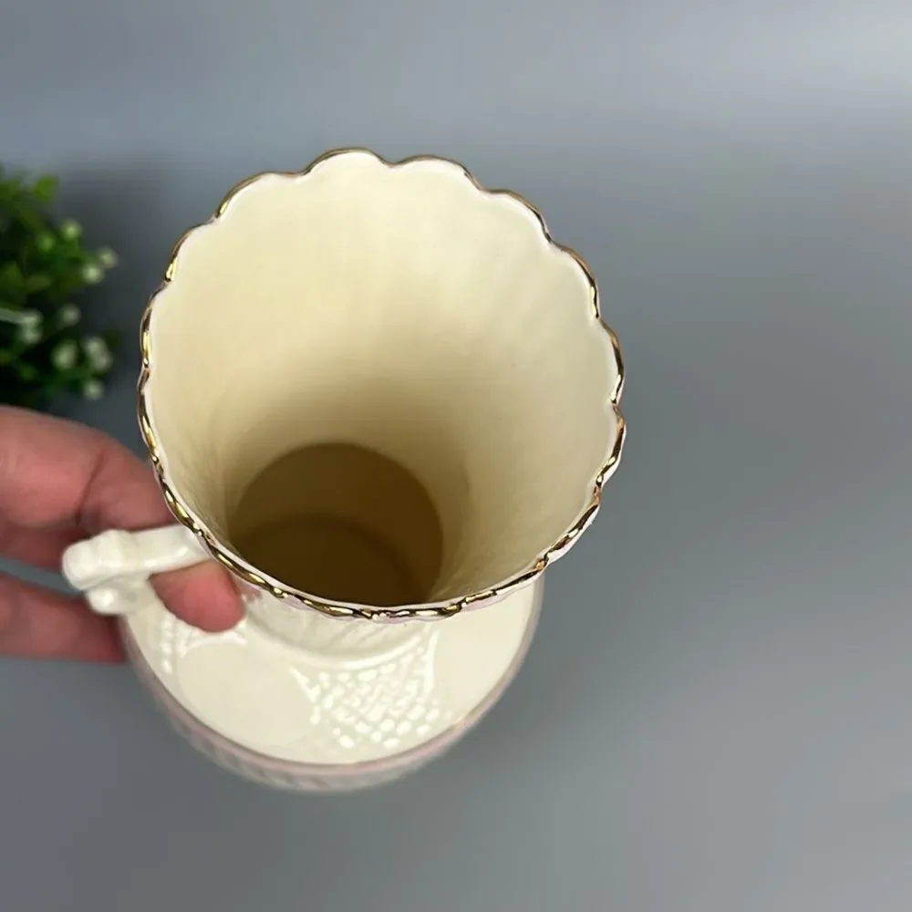 Vintage Belleek Porcelain Vase with Light Pink Glaze & Embossed Patterns 8